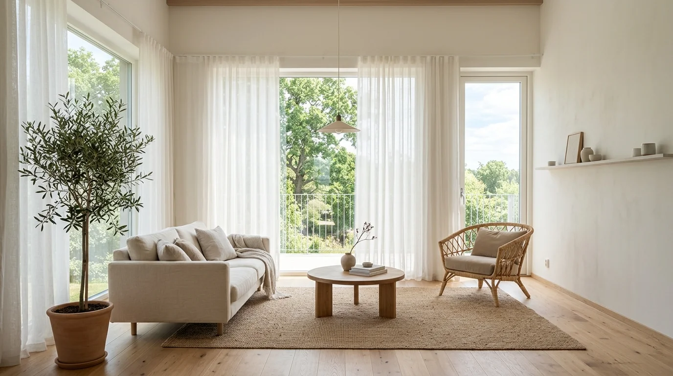A minimalist living room with large windows and sheer curtains bright natural light airy serene vibe no people