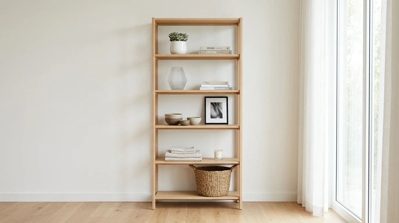 A room with a simple shelving unit holding only essential decor bright lighting clean organized look no people