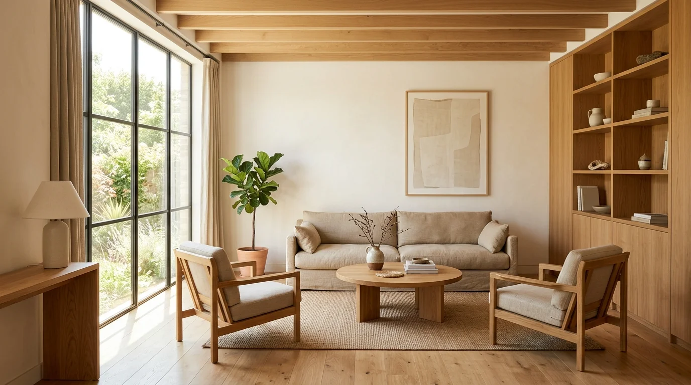 A space with a mix of wood and neutral tones bright natural daylight warm minimalist balance no people