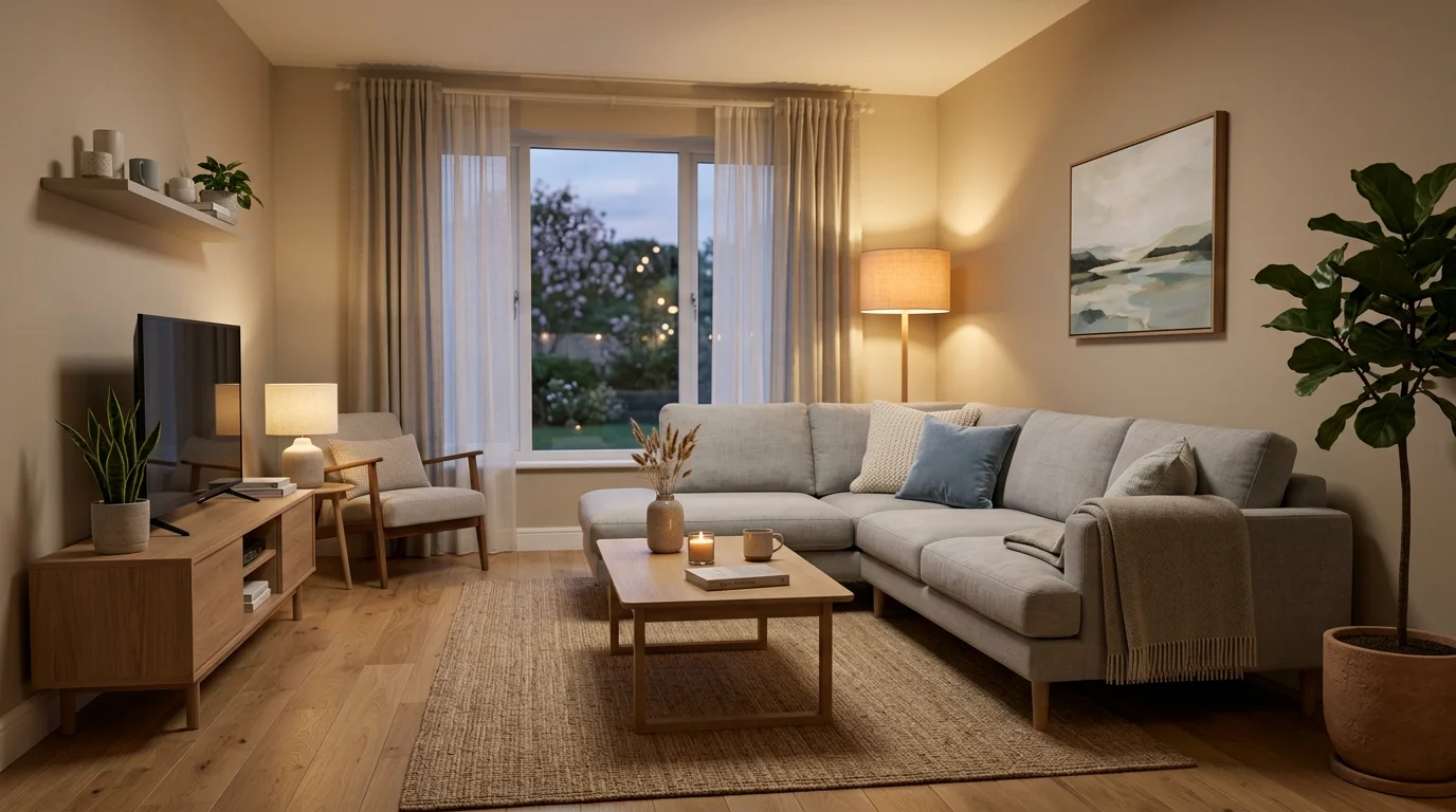 A living room with soft lighting and minimal accessories creating a relaxing ambiance no people