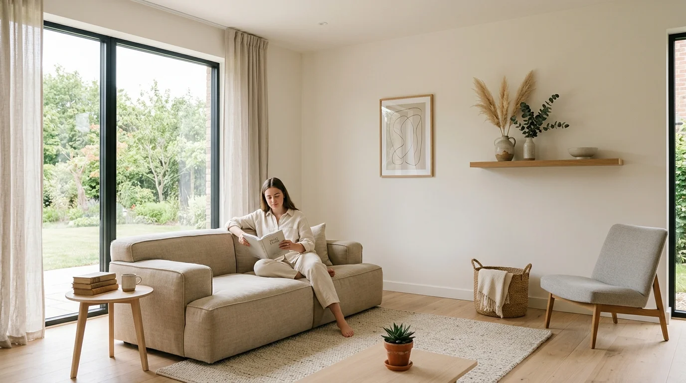 A calm minimalist home with simple decor neutral tones and clean surfaces bright natural daylight peaceful simplified living