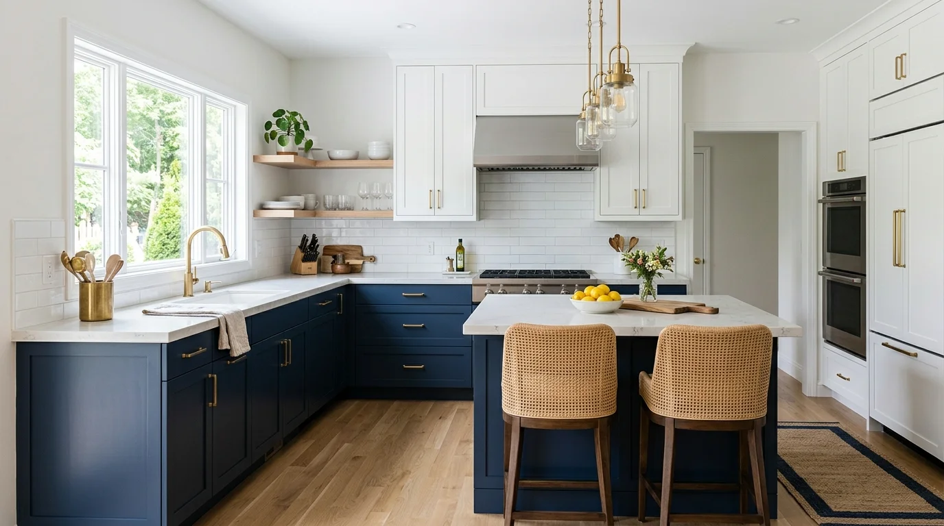 A modern blue kitchen with navy lower cabinets and crisp white upper cabinets, minimalist open shelving, brass fixtures, bright clean daylight, elegant coastal balance, eye-level shot, no people