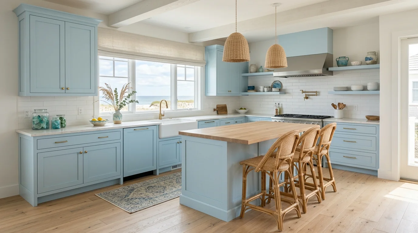 A beach-inspired kitchen with pastel blue cabinetry, light oak flooring, woven bar stools, and sea glass accents, breezy natural lighting, relaxed coastal mood, no people