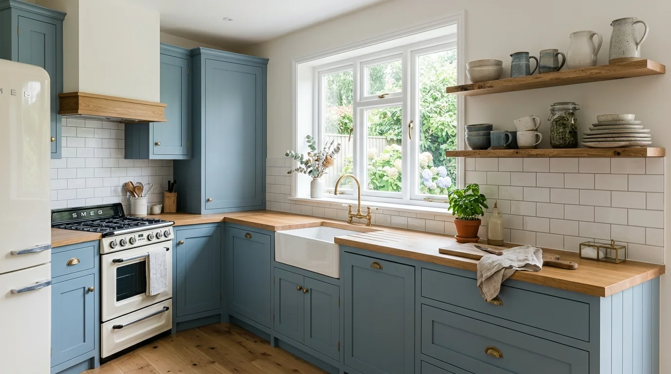 A serene kitchen design with dusty blue cabinets, white subway tile backsplash, open shelving with ceramics, soft diffused daylight, calm and harmonious aesthetic, no people