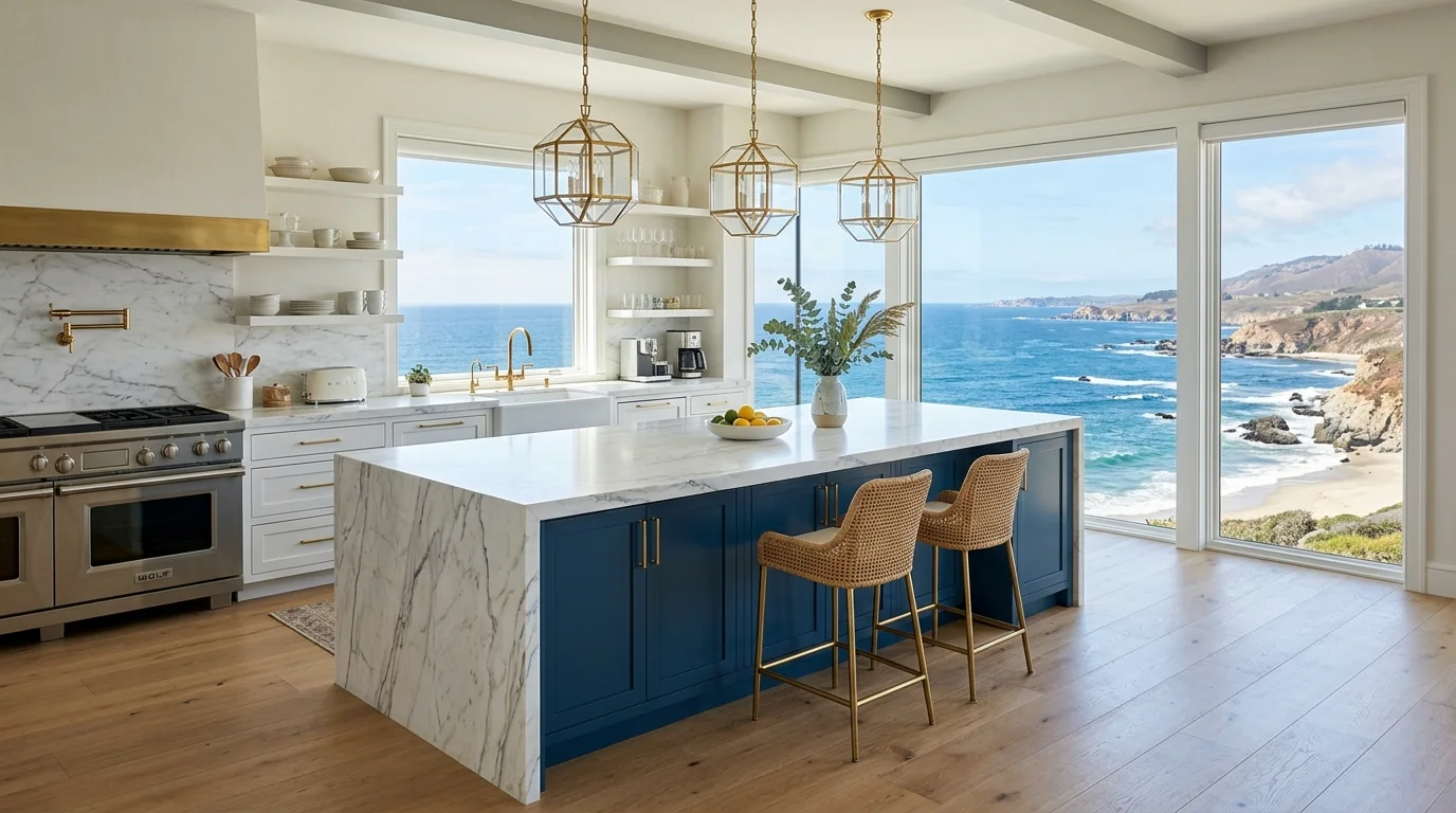 A luxury coastal kitchen with deep ocean-blue island, marble waterfall countertop, gold pendant lights, and large panoramic windows, sophisticated seaside elegance, no people