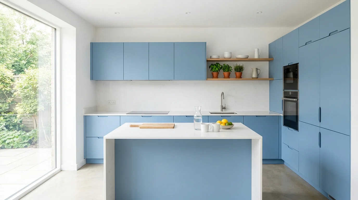 A minimalist blue kitchen with matte powder-blue cabinets, handleless design, white quartz surfaces, uncluttered styling, bright soft lighting, clean modern feel, no people
