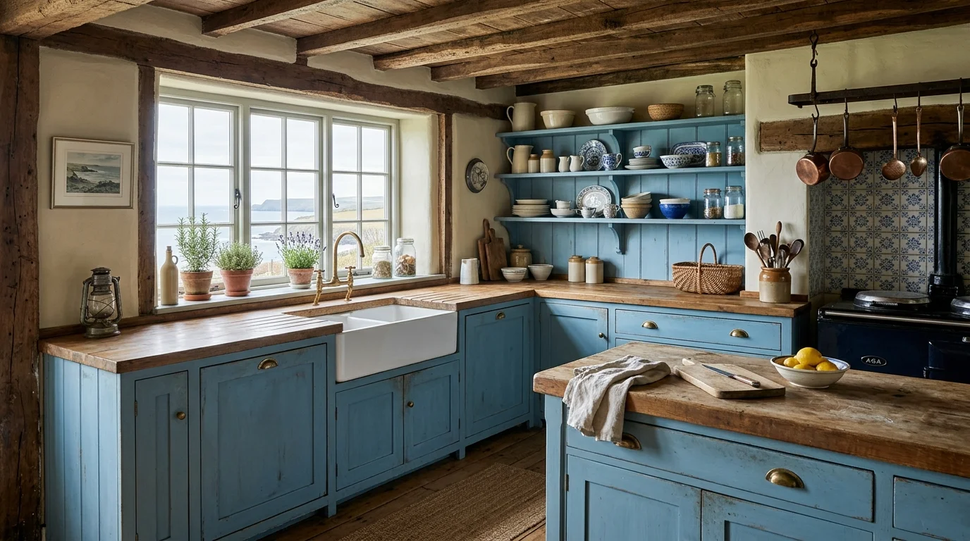 A farmhouse coastal kitchen with faded blue cabinets, rustic wood beams, farmhouse sink, and vintage decor accents, warm natural light, cozy seaside charm, no people
