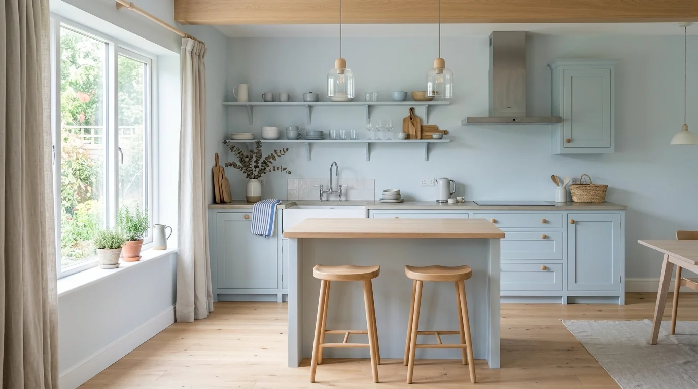 A Scandinavian-inspired blue kitchen with pale blue tones, light wood accents, simple decor, and airy open layout, soft daylight creating calm atmosphere, no people