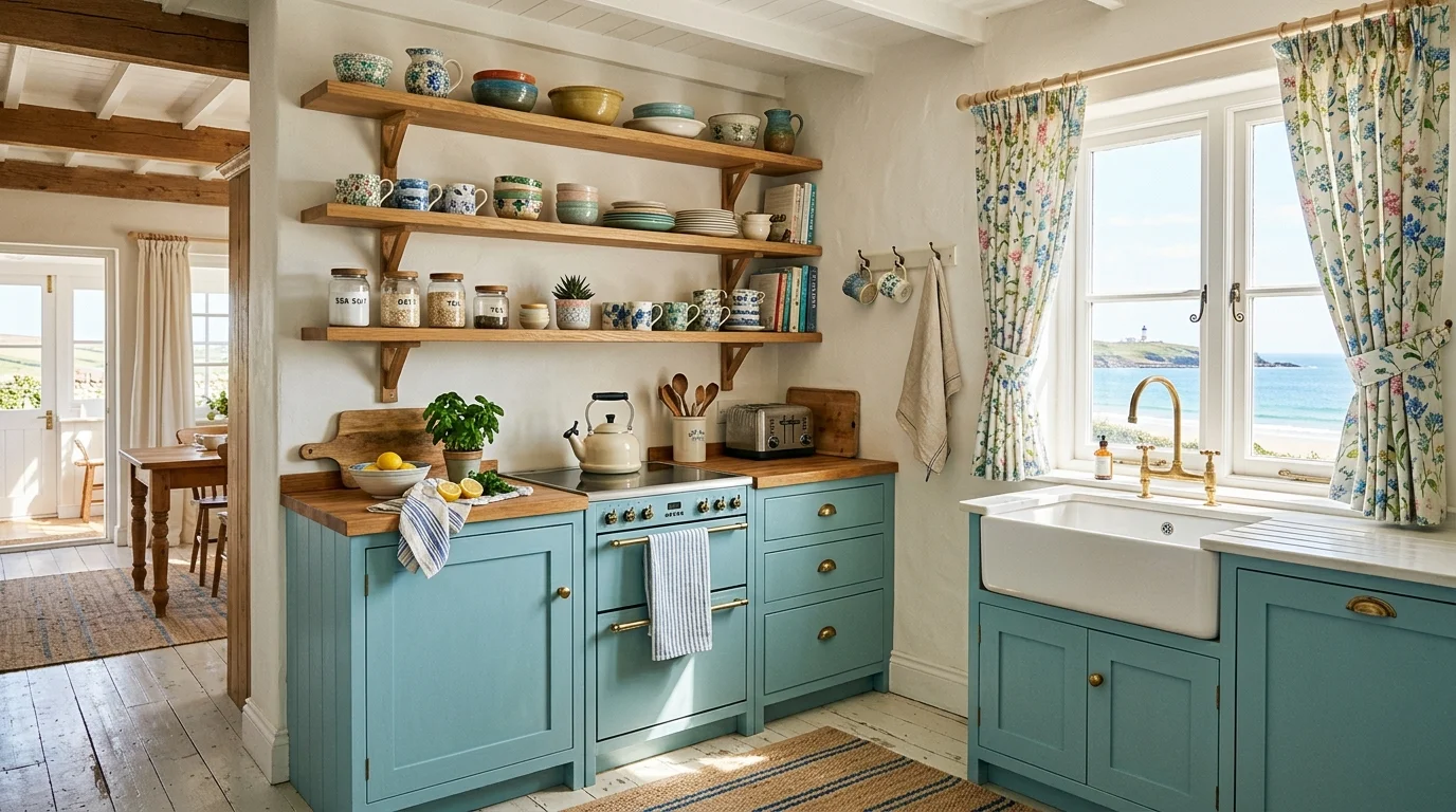 A coastal cottage kitchen with seafoam blue cabinets, floral curtains, ceramic dishware, and open shelving, bright cheerful daylight, charming relaxed vibe, no people