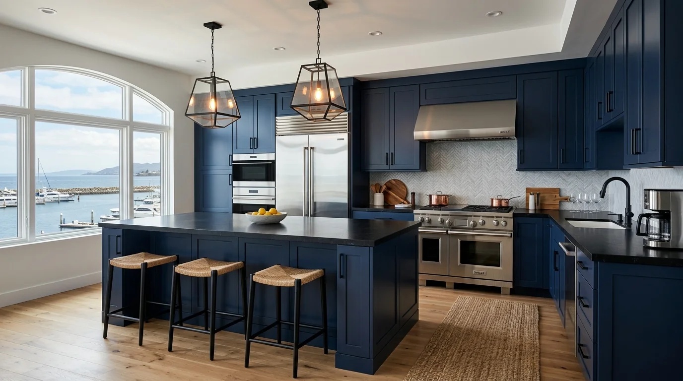 A modern navy kitchen with bold blue cabinetry, black countertops, stainless steel appliances, and dramatic lighting contrast, sleek coastal sophistication, no people