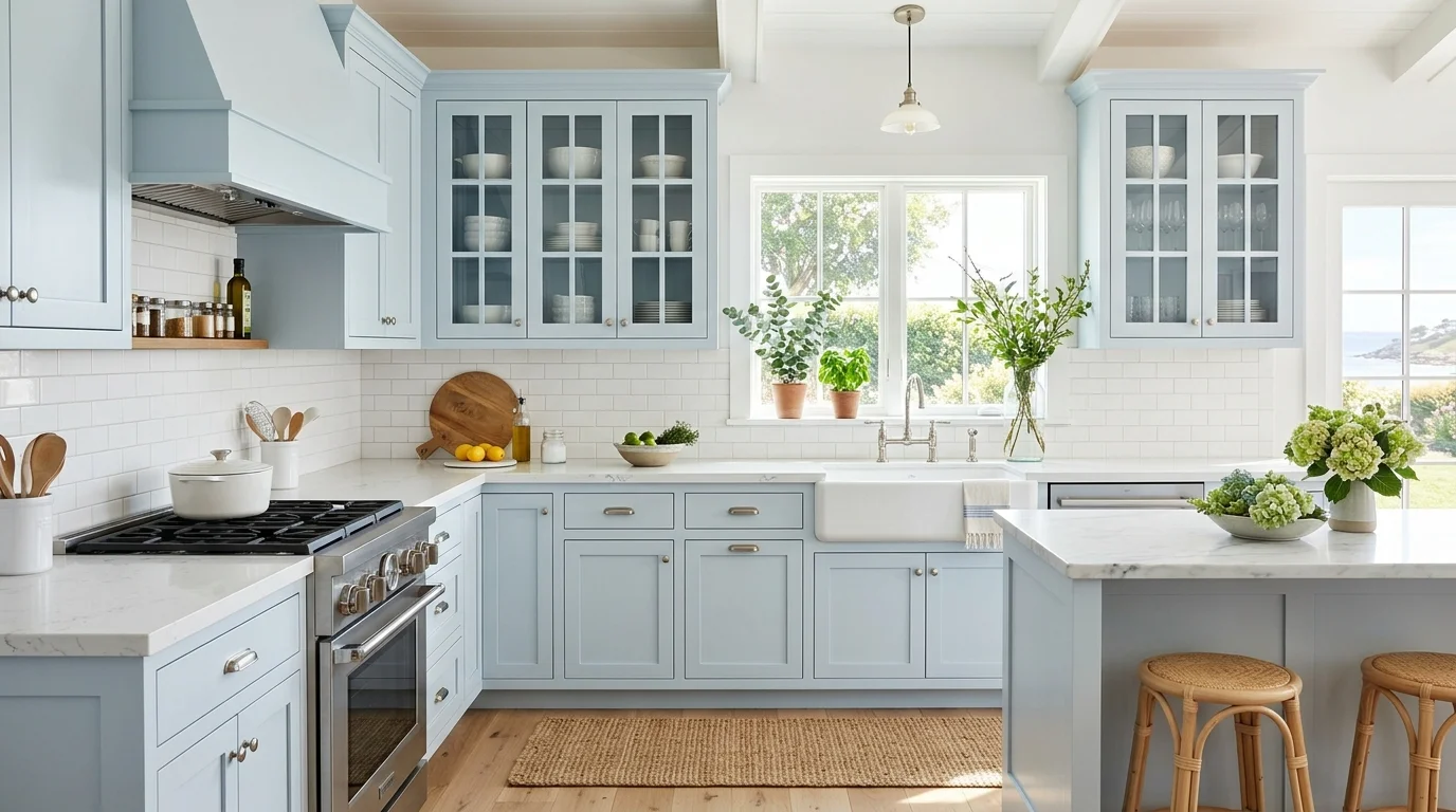 A light blue kitchen with glass-front cabinets, white tiled backsplash, and greenery accents, sunlit and refreshing atmosphere, clean coastal style, no people