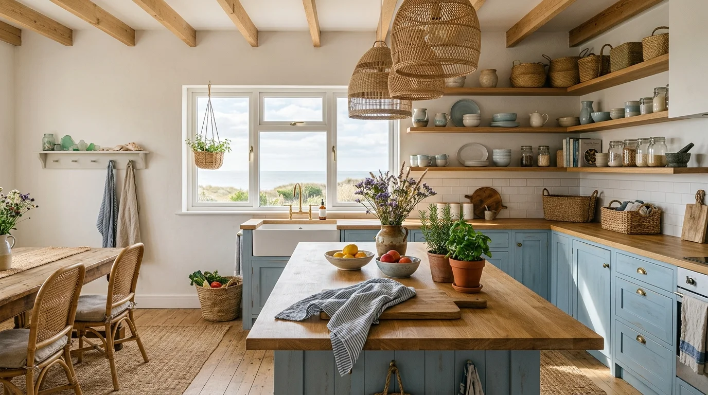 A boho coastal kitchen with soft blue tones, rattan pendant lights, woven baskets, and textured linens, warm natural sunlight, relaxed organic feel, no people