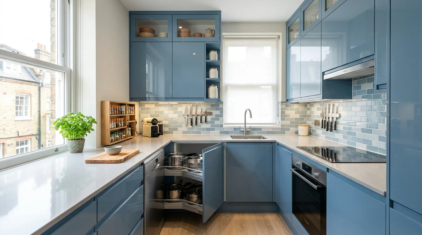 A compact apartment kitchen in calming blue tones, smart storage solutions, glossy finishes, and bright reflective surfaces, efficient serene design, no people