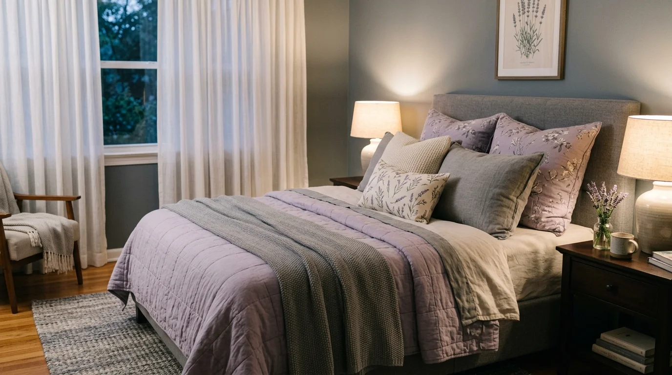A cozy bedroom featuring lavender and gray layered bedding, plush throw pillows, subtle floral accents, warm bedside lamp glow, peaceful and inviting mood, slightly angled composition, no people