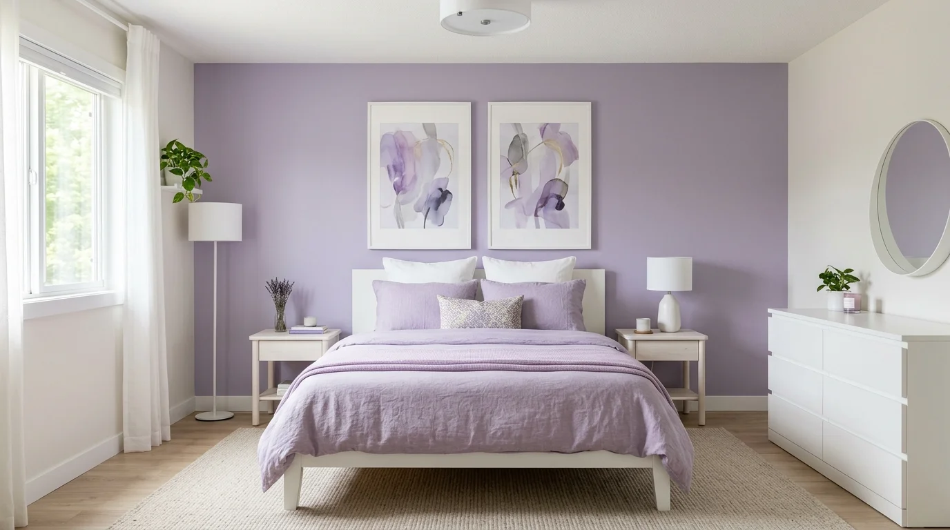 A modern lavender-themed bedroom with accent wall in muted lilac, sleek white furniture, abstract wall art, soft diffused daylight, clean and tranquil design, straight-on shot, no people