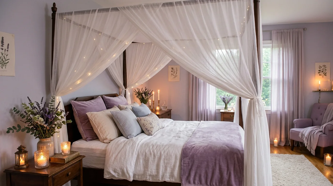 A romantic lavender bedroom with canopy bed draped in sheer white fabric, lavender bouquets on bedside tables, candlelight ambiance, soft pastel tones, dreamy serene feel, no people