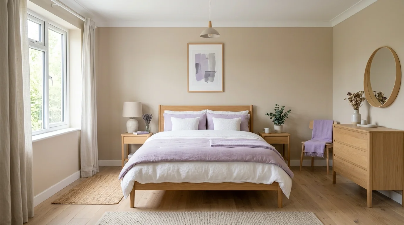 A minimalist lavender bedroom with light purple accents, neutral beige base tones, uncluttered decor, light wood flooring, bright natural lighting, calm Scandinavian aesthetic, no people