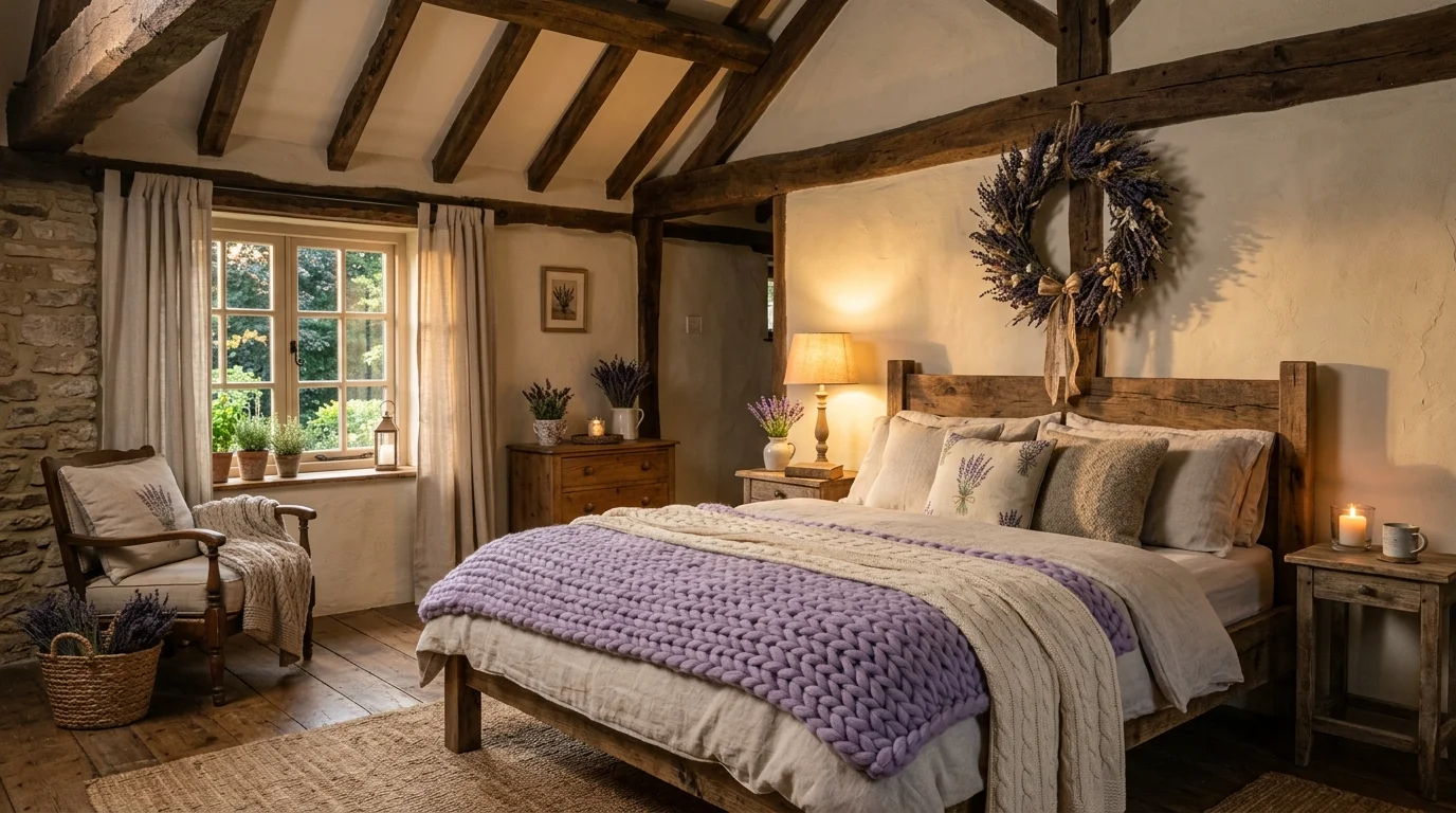 A rustic lavender bedroom with exposed wooden beams, lavender wreath above headboard, cozy knitted blankets, warm earthy textures, soft golden lighting, intimate atmosphere, no people