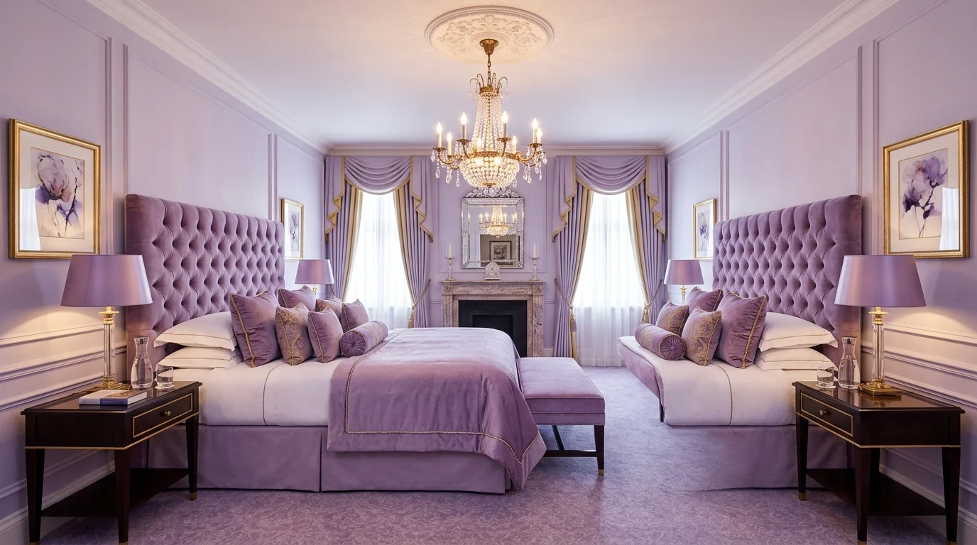 A luxury lavender bedroom with tufted headboard, velvet lavender cushions, elegant chandelier, soft glowing lighting, refined hotel-like aesthetic, symmetrical wide shot, no people
