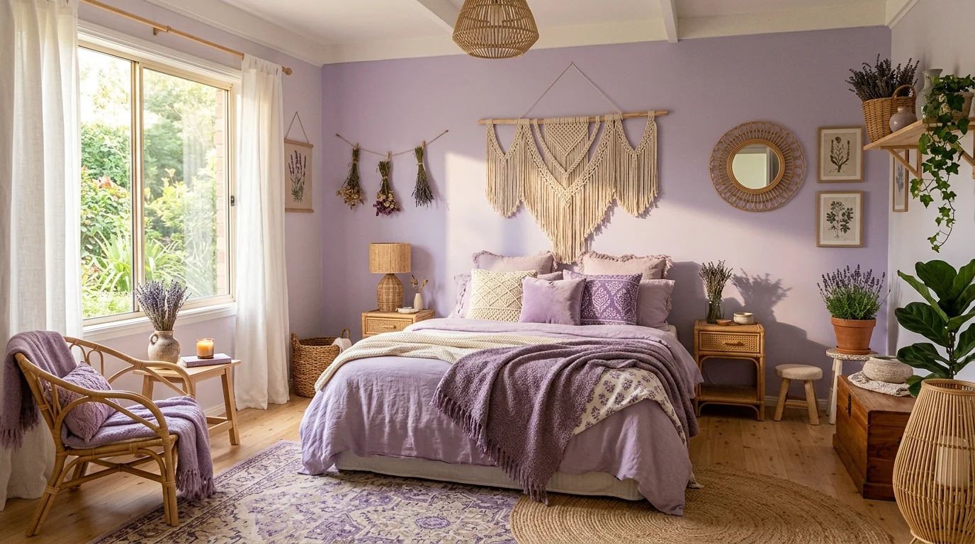 A boho lavender bedroom with macramé wall hanging, rattan decor, layered textiles in purple tones, dried lavender bundles, warm sunlight, relaxed cozy vibe, no people