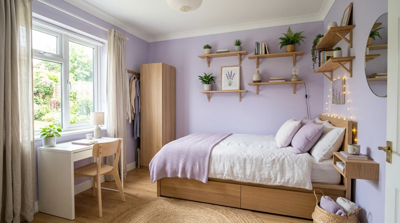 A small lavender bedroom with space-saving furniture, soft purple accents on bedding, wall shelves with decor, airy natural light, clean organized feel, no people