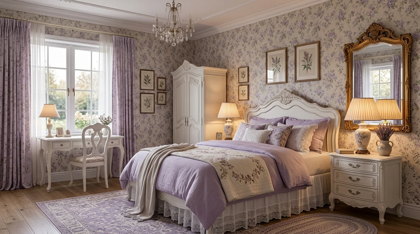 A French-inspired lavender bedroom with ornate white furniture, floral wallpaper, vintage mirror, soft pastel lavender tones, romantic elegant styling, warm ambient lighting, no people