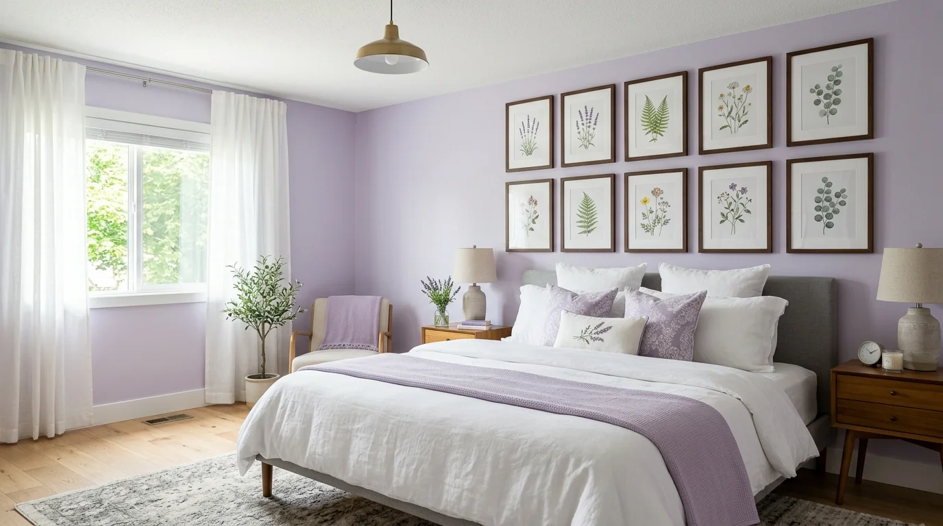 A lavender bedroom with gallery wall above bed, framed botanical prints, crisp white bedding with lavender accents, soft daylight, balanced modern aesthetic, no people