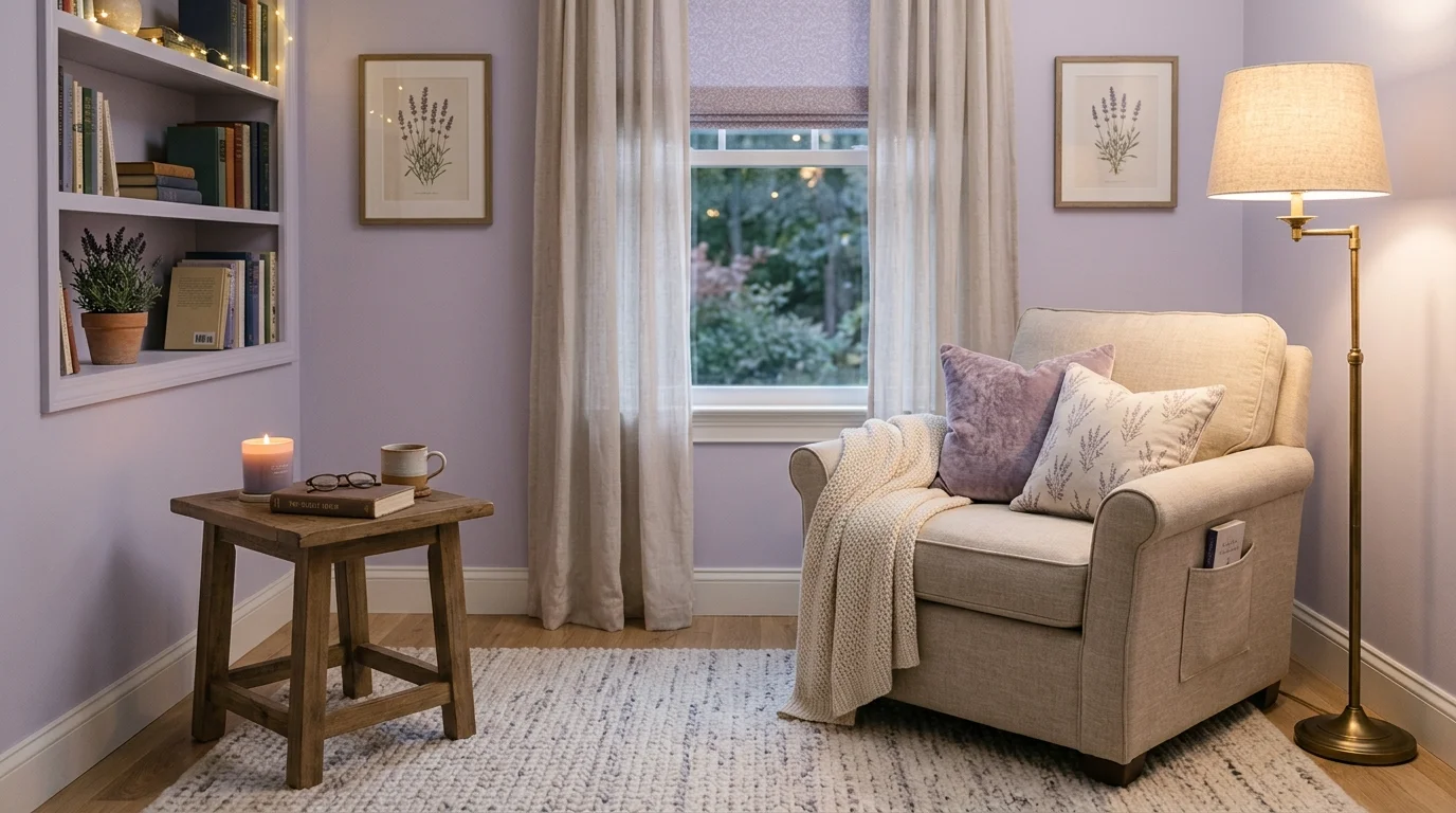 A serene lavender bedroom corner with reading chair, small side table, lavender-scented candles, soft textured rug, calming cozy nook, warm soft lighting, no people