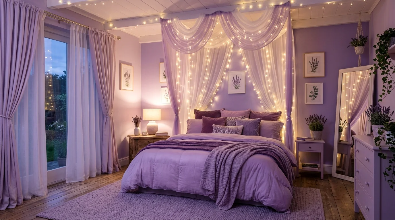 A dreamy lavender bedroom with twinkling fairy lights, soft flowing curtains, layered bedding in purple gradients, ethereal glow, peaceful sleep sanctuary mood, wide-angle composition, no people