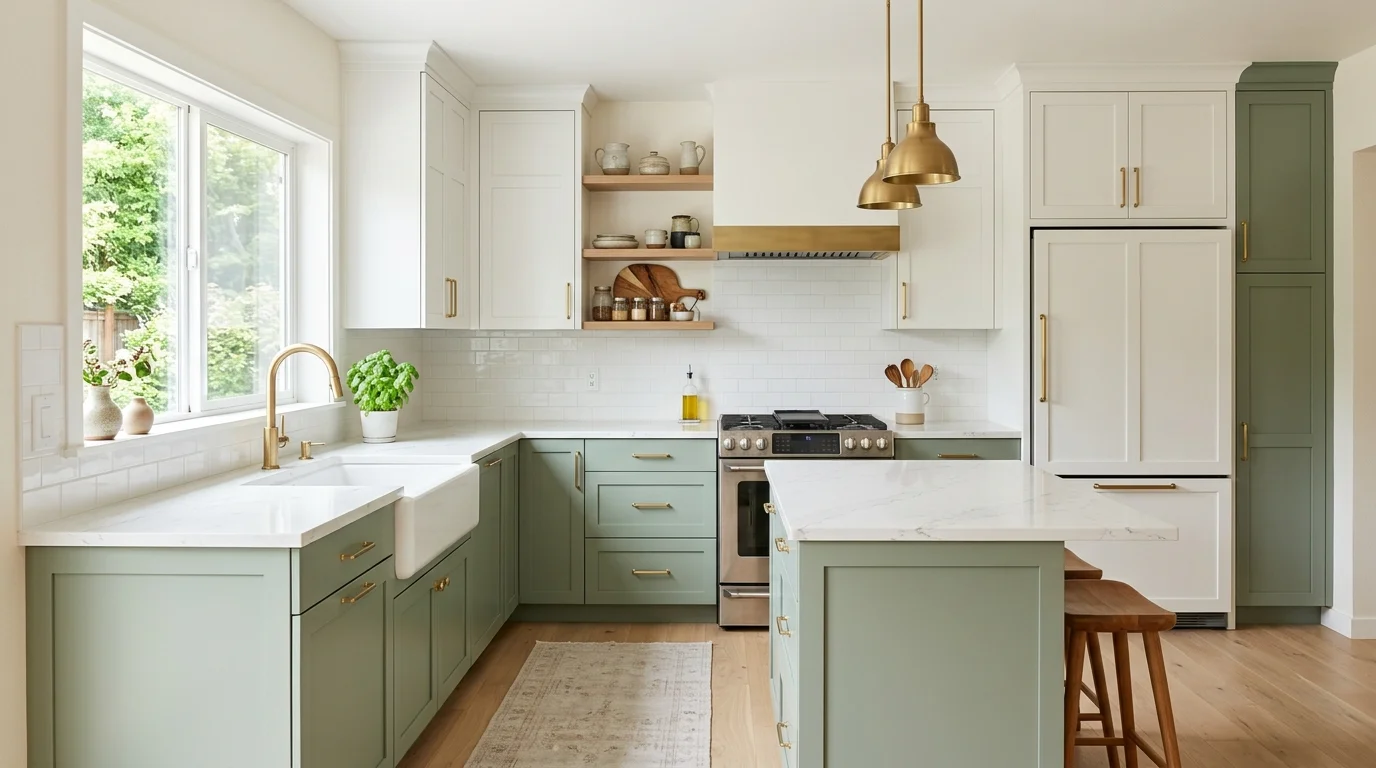 A kitchen with sage green lower cabinets and white upper cabinets paired with brass hardware bright natural light balanced modern design no people