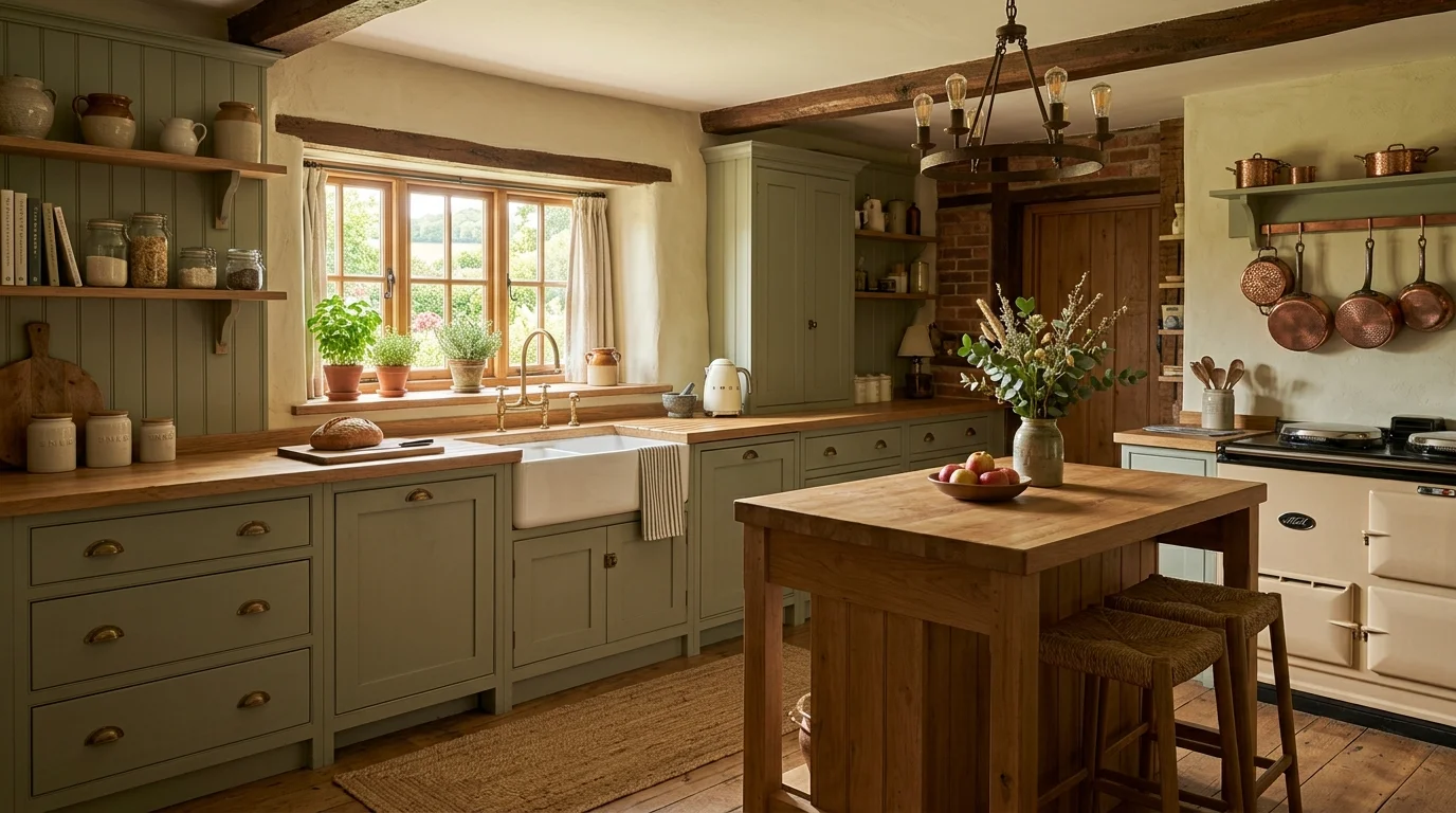 A farmhouse kitchen with sage green cabinetry a large apron sink and wooden accents warm soft lighting cozy earthy charm no people