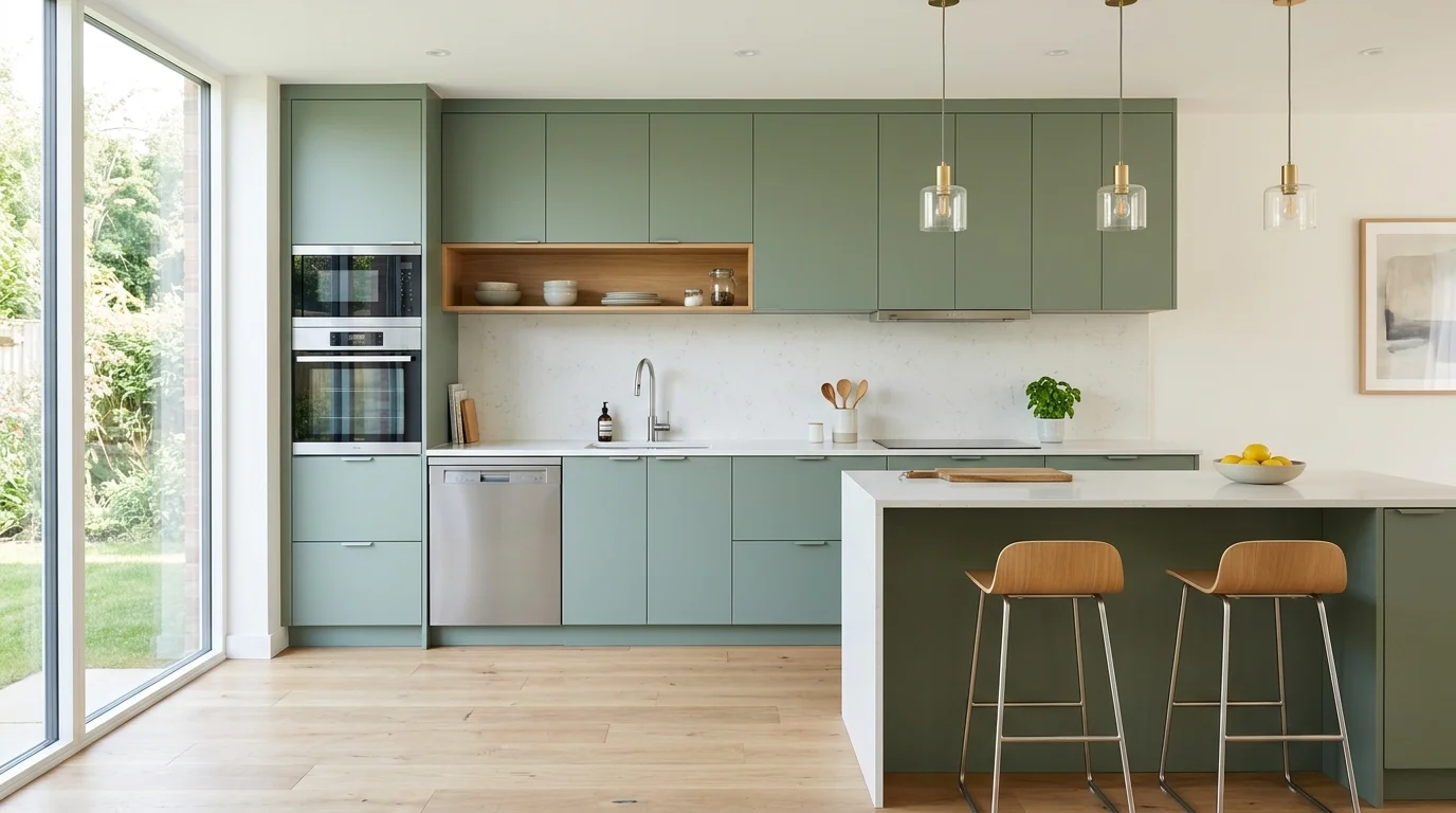 A modern kitchen with flat panel sage green cabinets and minimalist decor bright lighting clean contemporary look no people