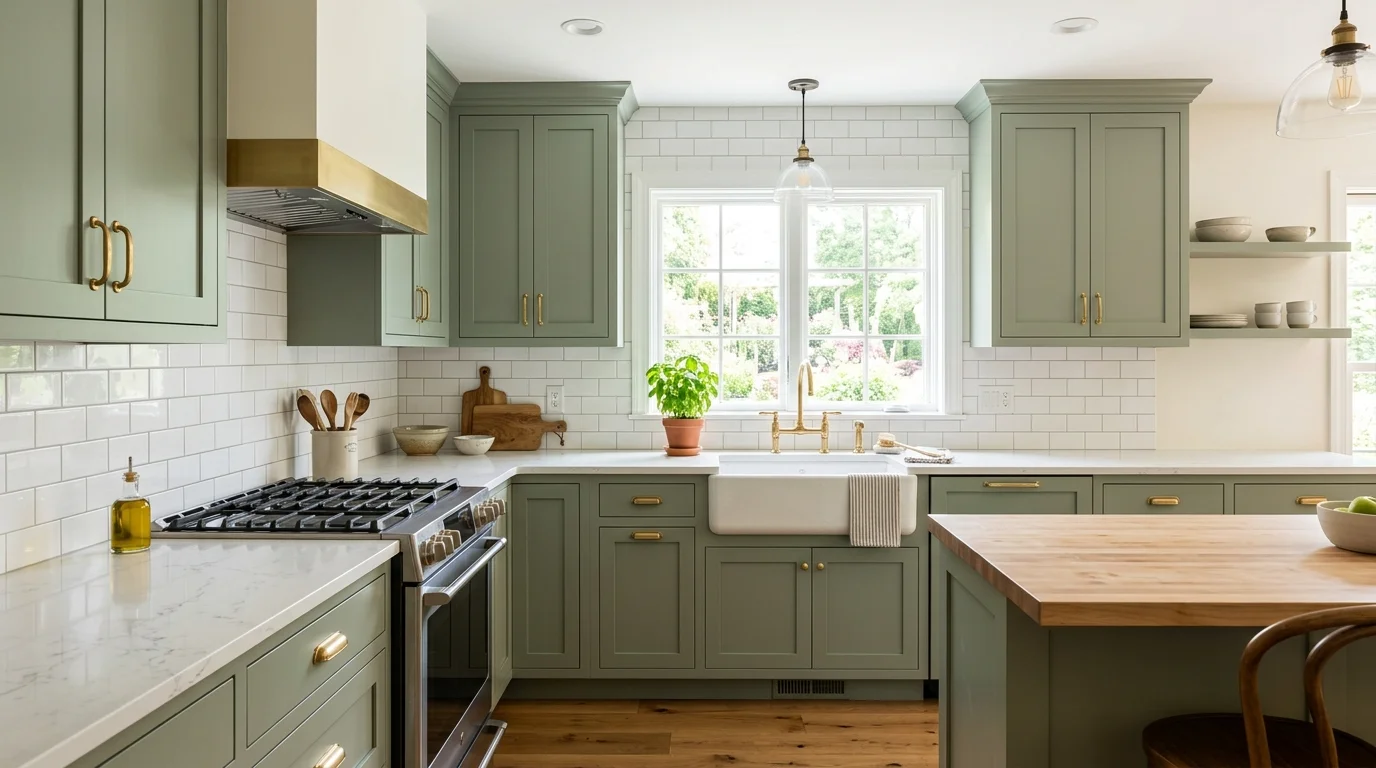 A kitchen with sage green cabinets paired with white subway tile backsplash bright natural daylight fresh timeless aesthetic no people