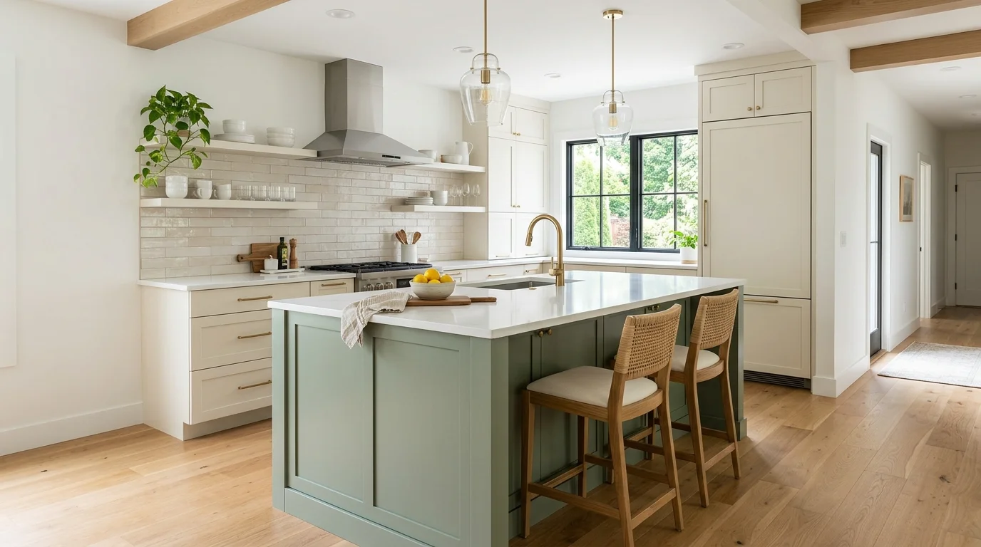 A space with sage green island and neutral surrounding cabinets bright lighting subtle color focal point in a clean kitchen no people