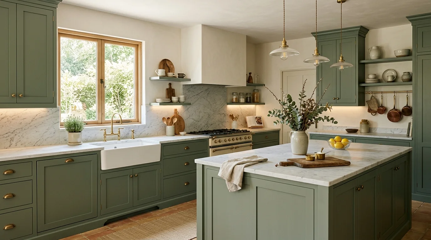 A kitchen with sage green cabinets and marble countertops soft lighting elegant earthy sophistication no people