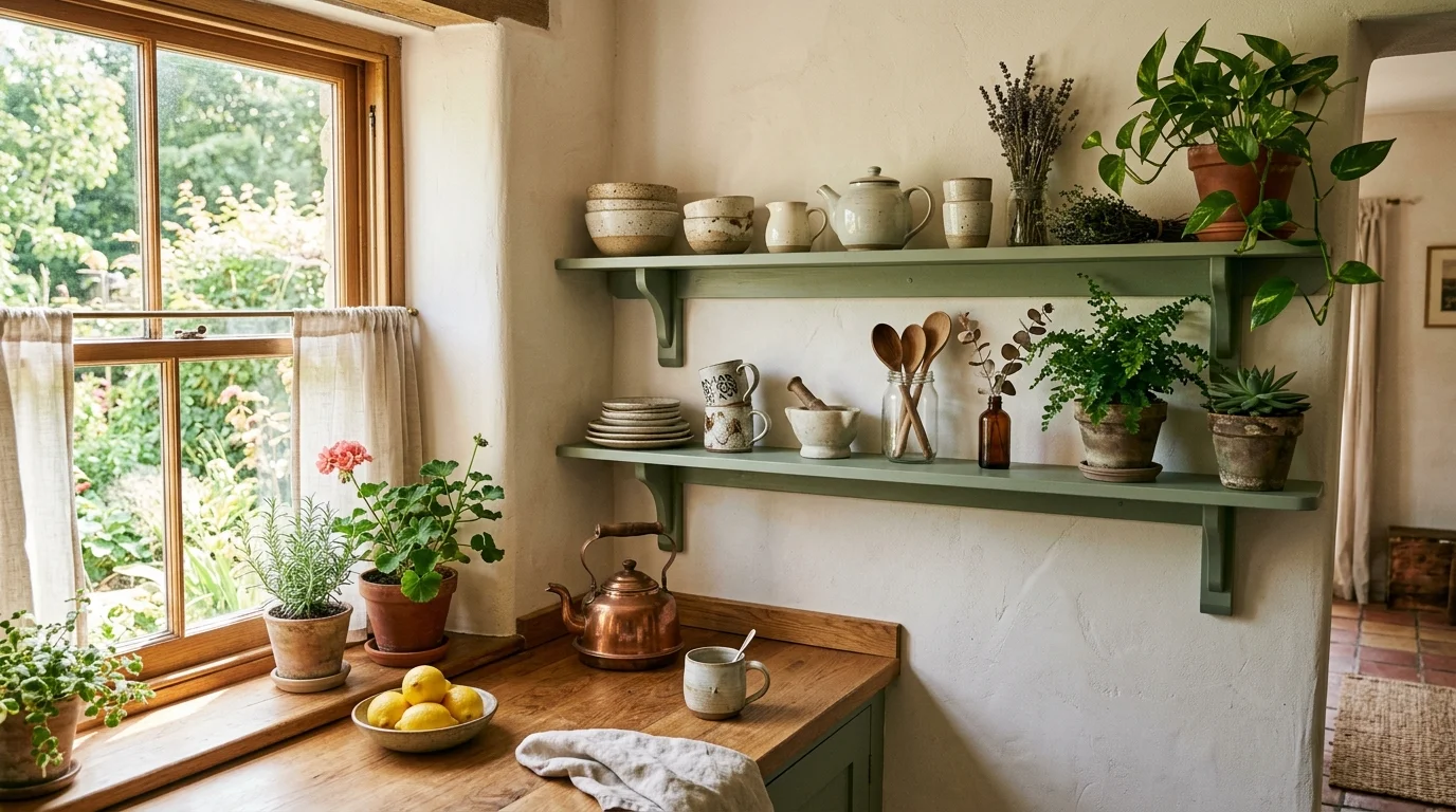 A cozy kitchen corner with sage green shelving displaying ceramics and plants bright natural light relaxed organic vibe no people