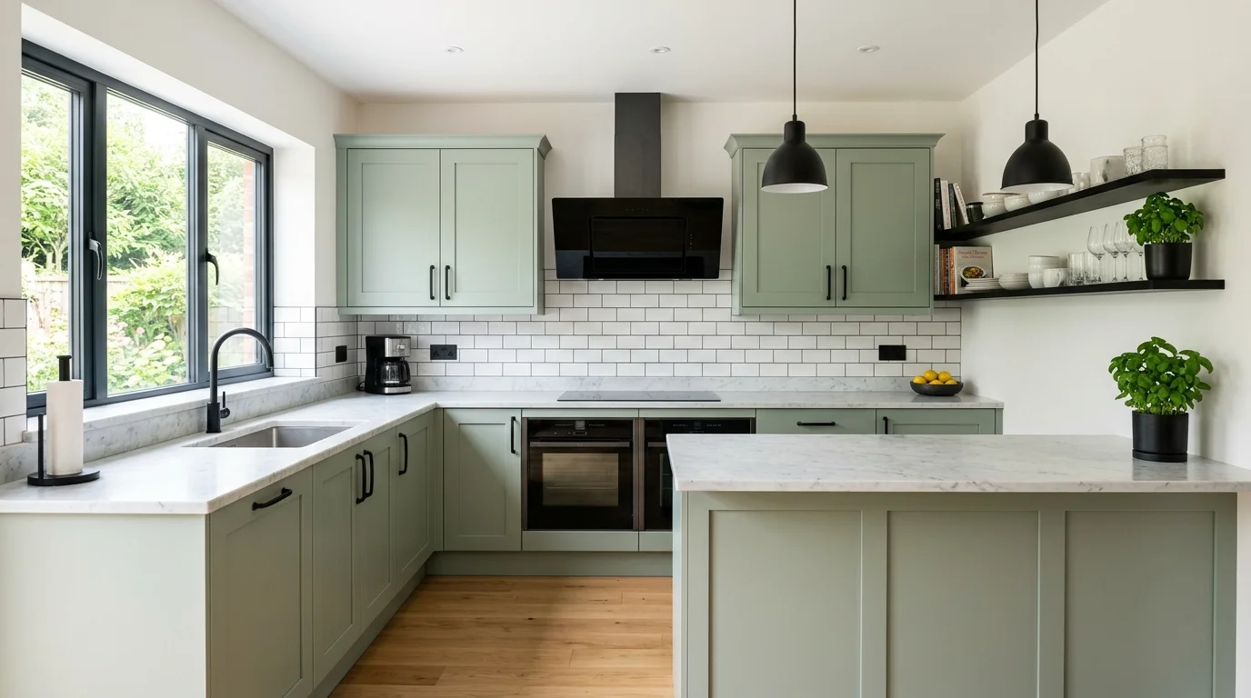 A kitchen with sage green cabinets paired with black hardware and accents bright lighting modern contrast design no people