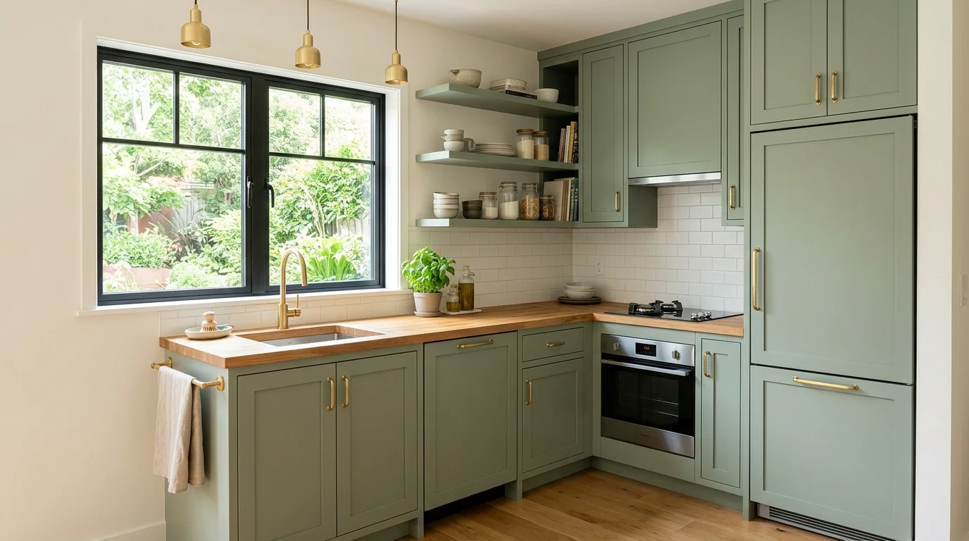 A small kitchen with sage green cabinetry maximizing compact space bright natural daylight efficient stylish layout no people
