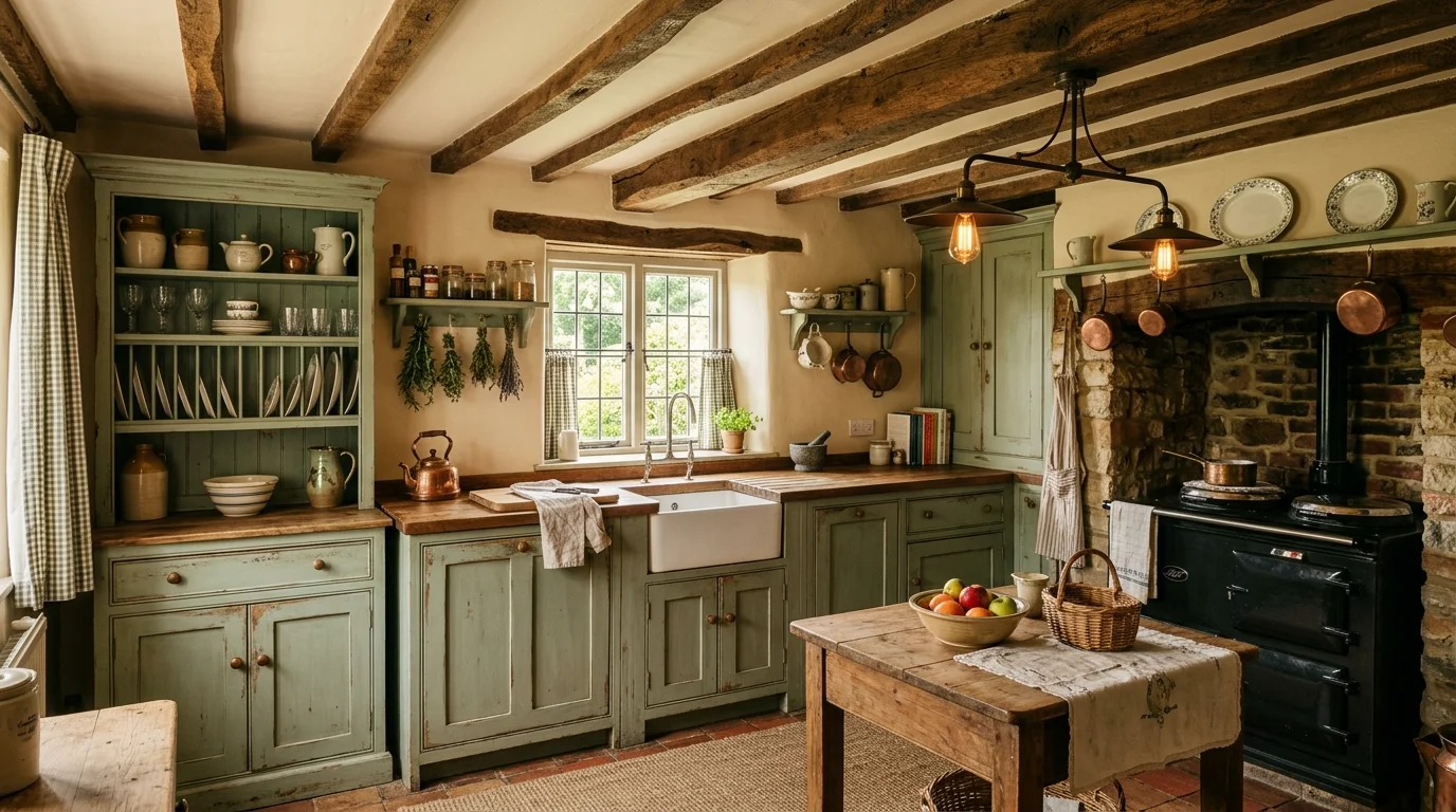 A rustic kitchen with distressed sage green cabinets and wooden beams warm lighting charming farmhouse feel no people