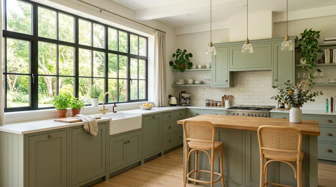 A kitchen with sage green cabinetry and large windows letting in light bright natural daylight airy calming environment no people