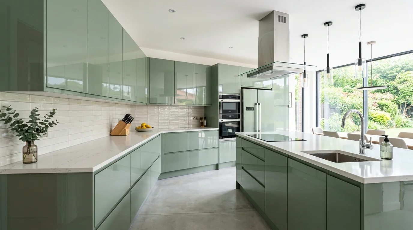 A contemporary kitchen with glossy sage green cabinets reflecting light bright lighting sleek modern aesthetic no people