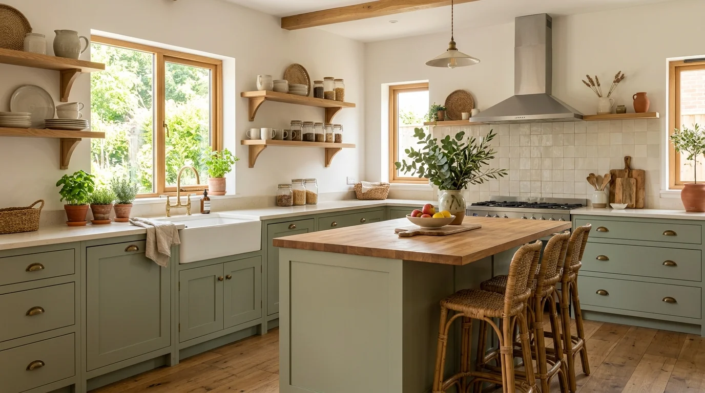 A kitchen with a mix of sage green cabinets wood textures and neutral decor bright natural light harmonious earthy design no people
