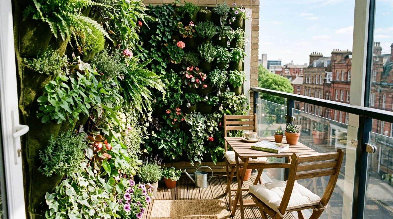 A cozy balcony with a vertical garden wall covered in greenery bright sunlight maximizing small space gardening no people
