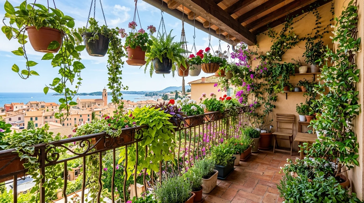 A balcony with hanging planters and trailing vines cascading down bright natural light vibrant lush display no people