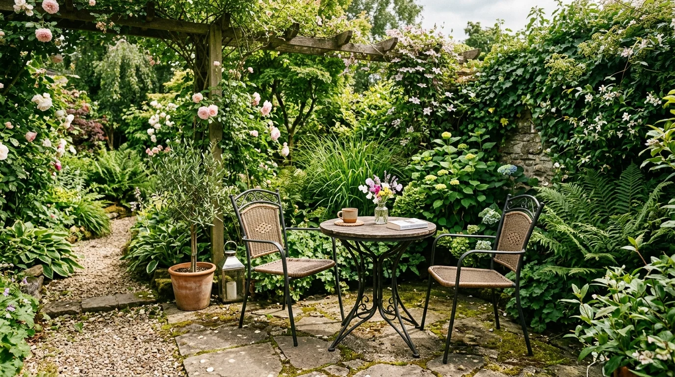 A seating area with a small table and chairs surrounded by plants soft natural lighting relaxing green retreat no people