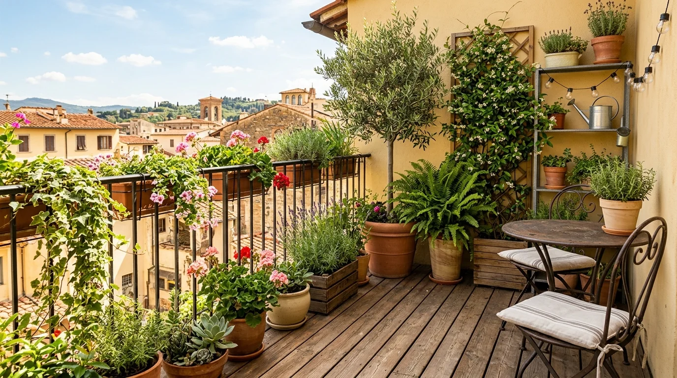 A balcony with wooden decking and large potted plants creating a mini garden bright daylight warm inviting outdoor space no people