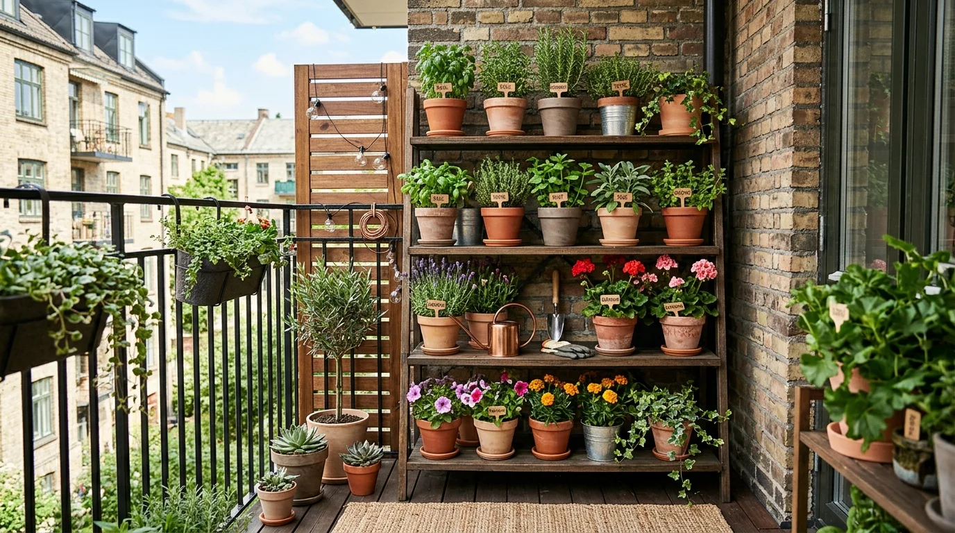 A compact balcony with tiered plant shelves holding herbs and flowers bright natural light organized green space no people