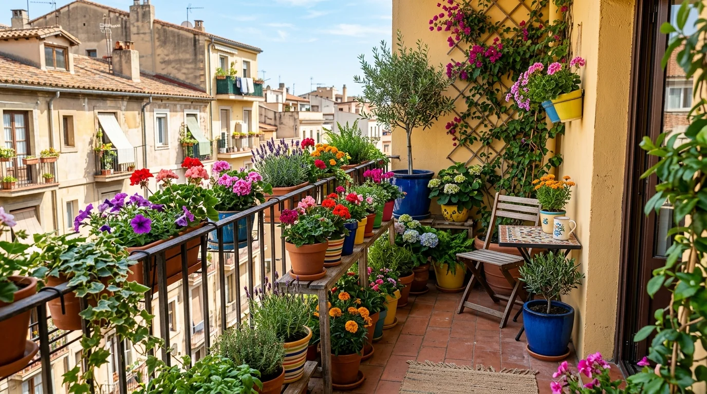 A balcony with a mix of flowering plants and greenery in colorful pots bright sunlight cheerful urban garden vibe no people