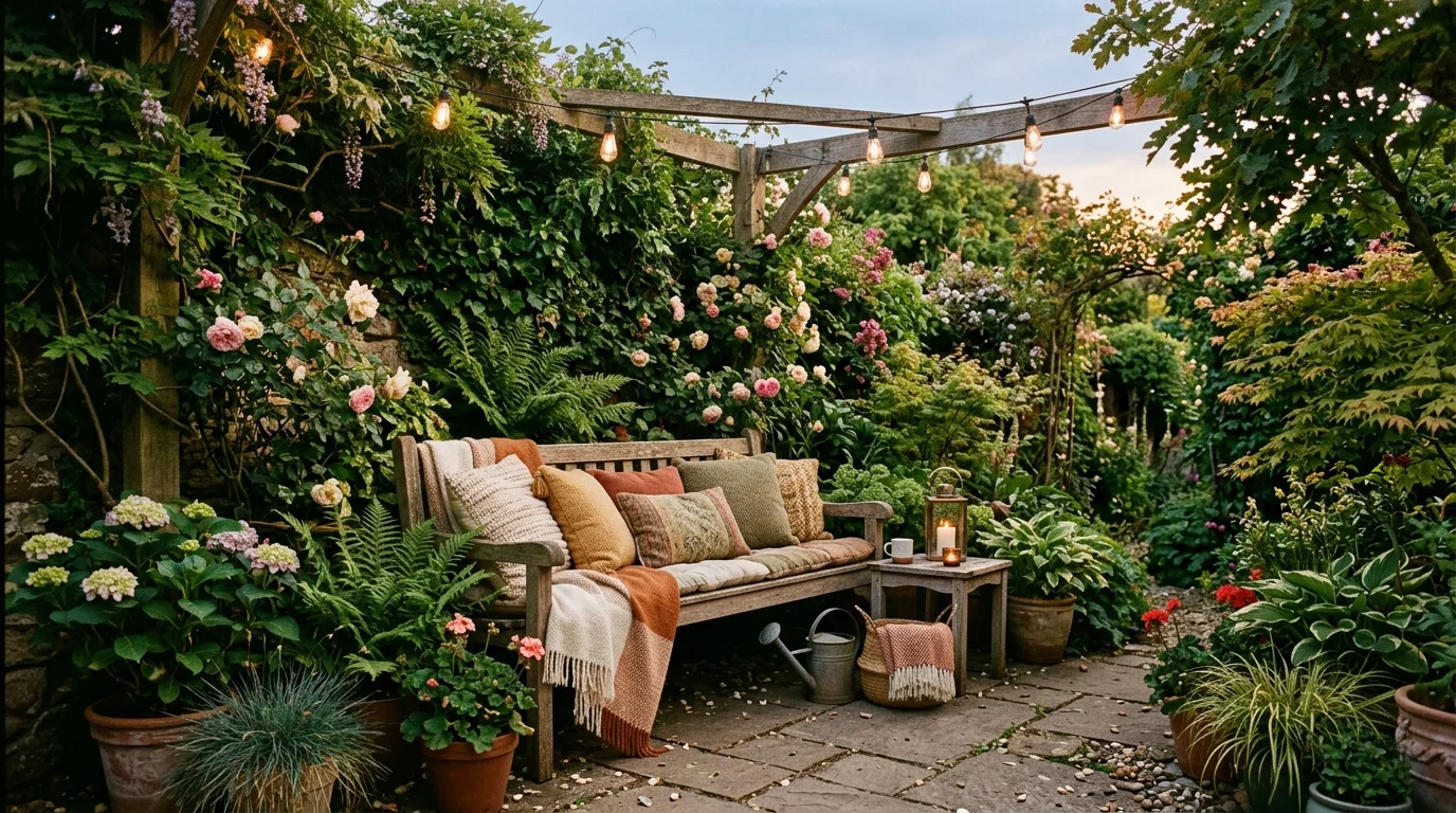 A cozy nook with a bench surrounded by plants and soft cushions warm lighting peaceful outdoor oasis no people