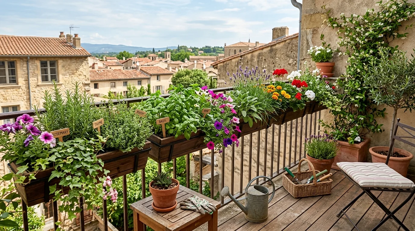 A balcony with railing planters filled with herbs and flowers bright natural daylight practical and decorative garden no people